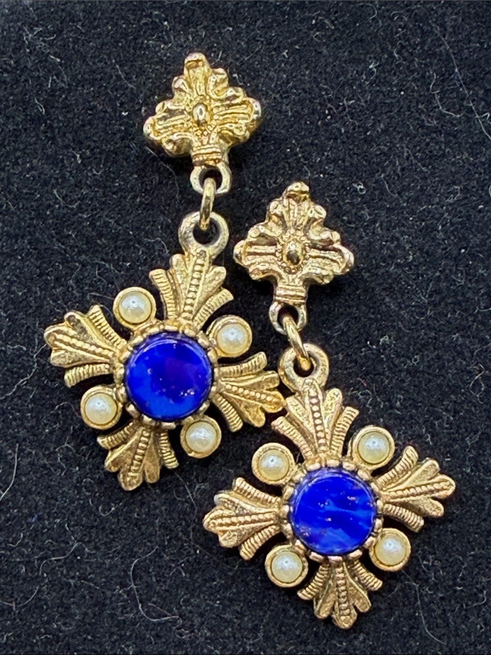 Vintage Costume Lapis Lazuli Faux Pearl Gold Tone Drop Dangle Earrings, Jewelry